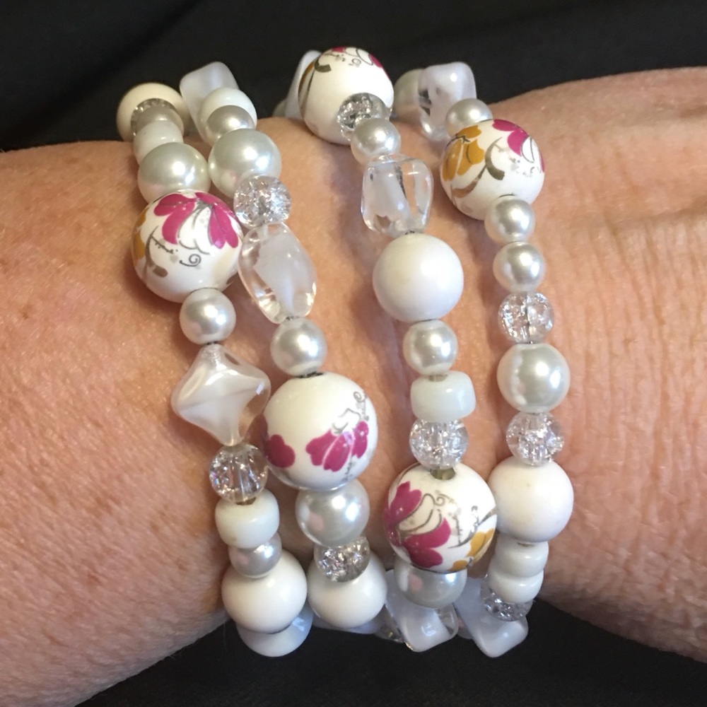 Artisan white wrap bracelet with pink yellow beads vintage to modern mix NWT
